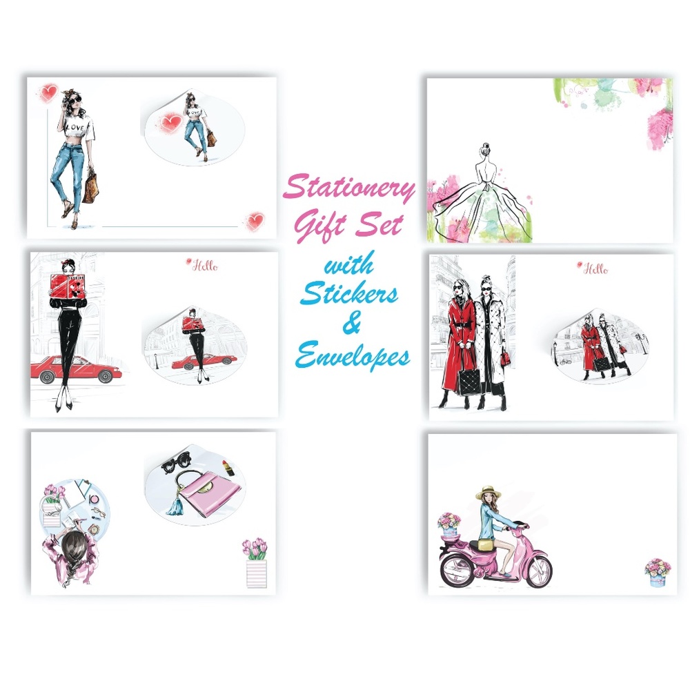 x12 Fashion Girl Stationery Gift Set w/ Matching Stickers Envelopes Fashion Set